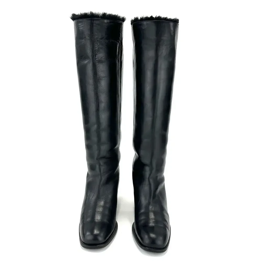 Bally Women Black Winter Knee High Boot Sz 36/5.5 Leather Foldable FurTrim Lined